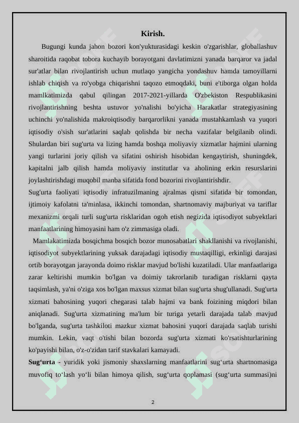 Sug’urta faoliyatini amalga oshirishning huquqiy asoslari. 2