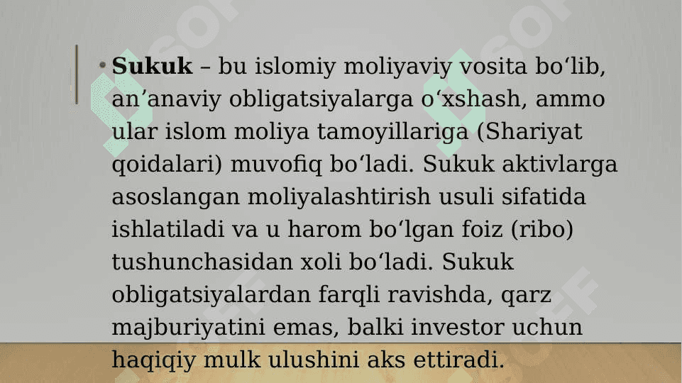 Sukuk. Jahon sukuk bozori. Sukuk va an'anaviy obligatsiyalar o'rtasidagi farqlar. Islom banki mahsulotlarida yashirin kredit foizlarining mavjudligi muammosi. 2