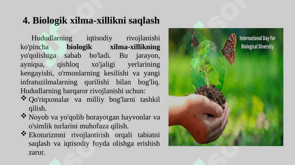 Hududlаr tаrаqqiyotining ekоlоgik jihаtlаri vа tаbiаtdаn fоydаlаnishning mintаqаviy muаmmоlаri 7