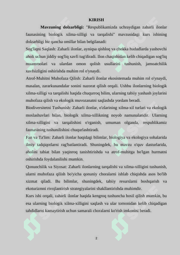 Respublikamizda uchraydigan zaharli ilonlar faunasining biologik xilmaa-xilligi va tarqalishi 2