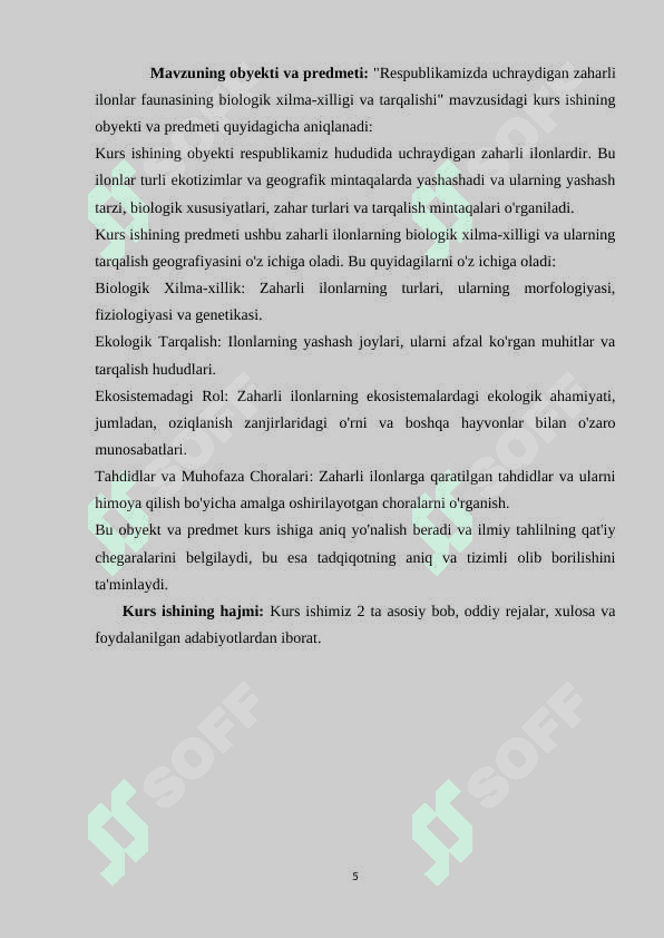 Respublikamizda uchraydigan zaharli ilonlar faunasining biologik xilmaa-xilligi va tarqalishi 5
