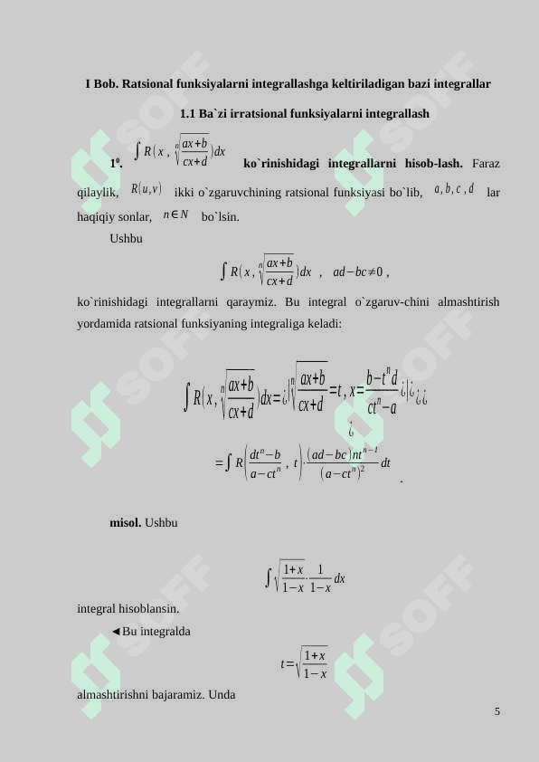 Ratsional funksiyalarni integrallashga keltiriladigan bazi integrallar 5