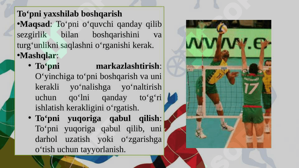 Voleybol To'p bilan ijro etiladigan yakka taktik harakatlarga o'rgatish 7