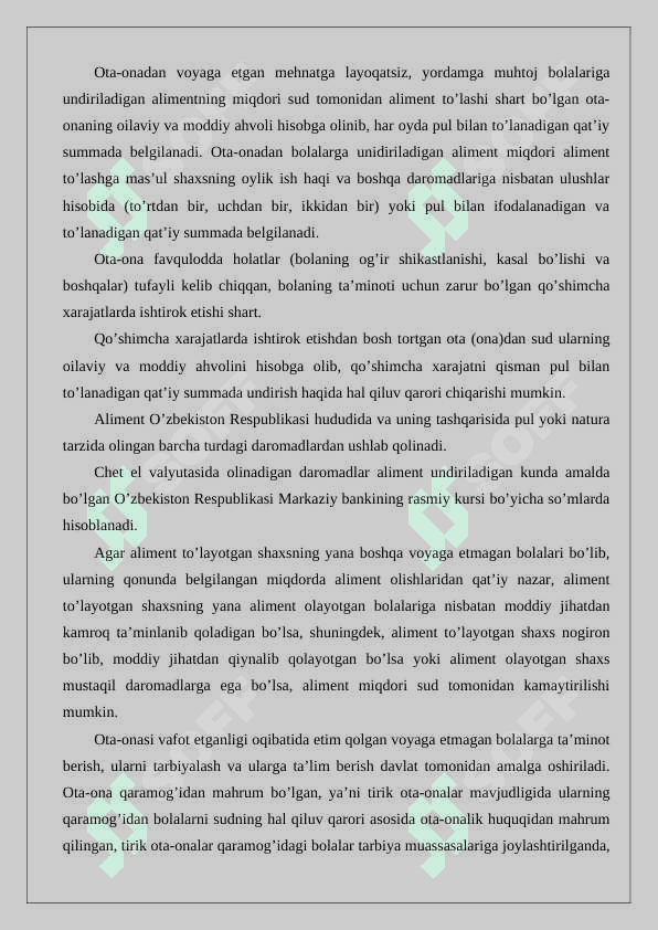 Qarindoshlar va boshqa shaxslarning aliment majburiyatlari. Aliment undirish va to’lash tartibi 3