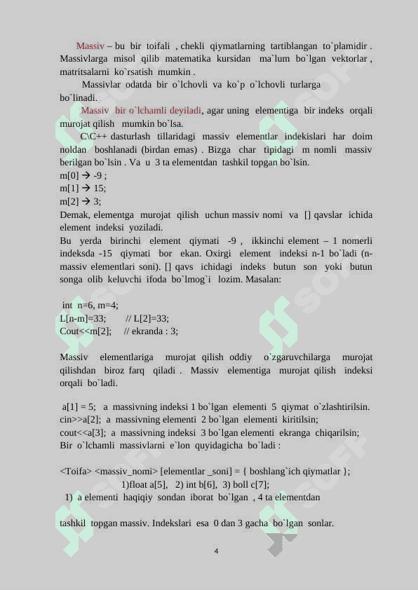C++ DA BIR  O‘LCHOVLI IKKI O‘LCHOVLI VA DINAMIK MASSIVLAR 4