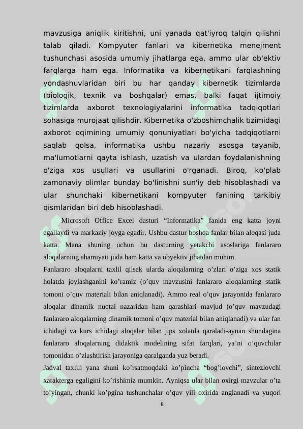 INFORMATIKANI BOSHQA FANLAR BILAN ALOQADORLIKDA O'QITISH METODIKASI 8