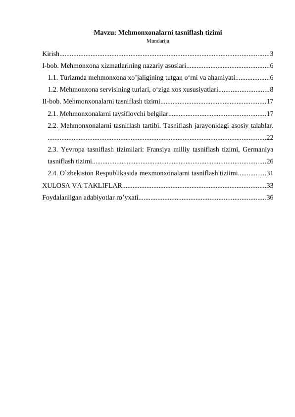 Mehmonxonalarni tasniflash tizimi