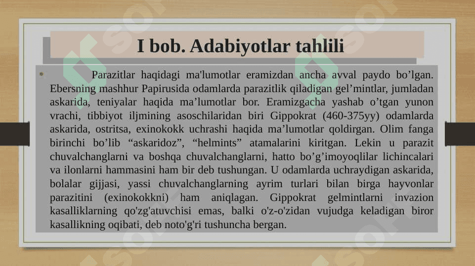 Parazit kanalar turkumi vakillari va ularga qarshi kurash choralari. 6