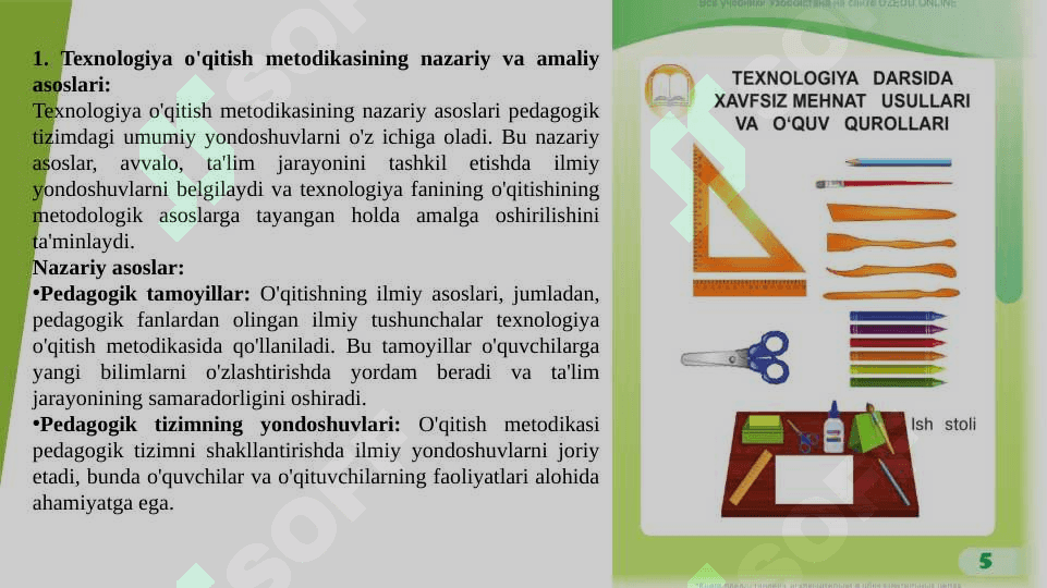 Texnologiya o'qitish metodikasi fanining nazariy va amaliy asoslari. Texnologiya o'qitish metodikasi fanining o'qitish metodologiyasi. texnologiya fanini o'qitish tamoyillari. Texnologiya fani nazariyasining asosiy negizlari. Texnologiya fani ta'limi va tarbiyaning uzviyligi 3