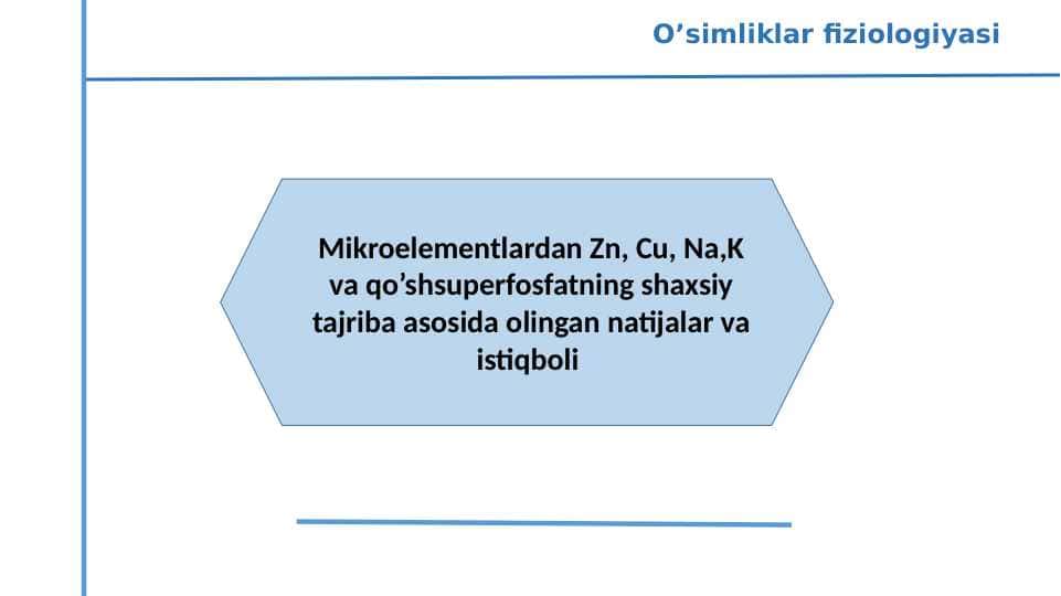 Mikroelementlardan Zn, Cu, Na,K va qo’shsuperfosfatning shaxsiy tajriba asosida olingan natijalar va istiqboli