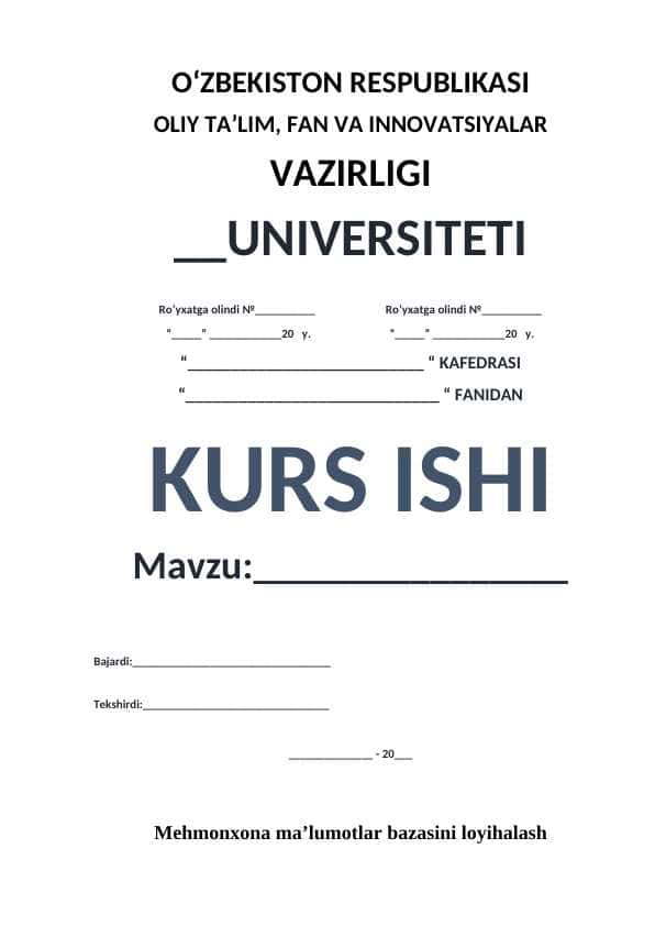 Mehmonxona ma’lumotlar bazasini loyihalash
