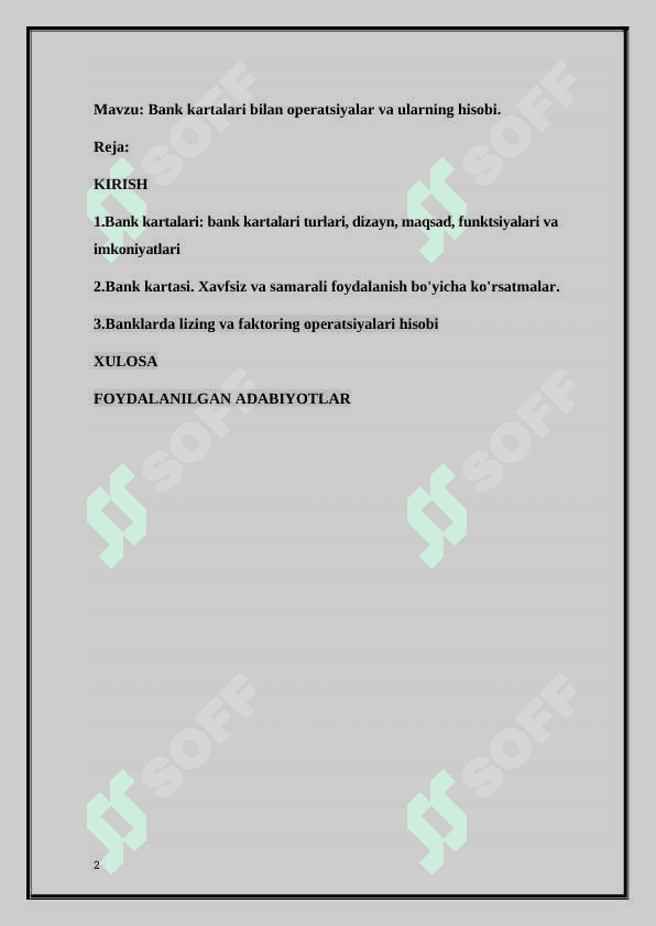 Bank kartalari bilan operatsiyalar va ularning hisobi 2