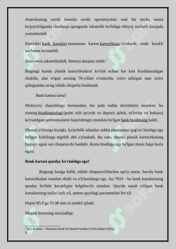 Bank kartalari bilan operatsiyalar va ularning hisobi 5