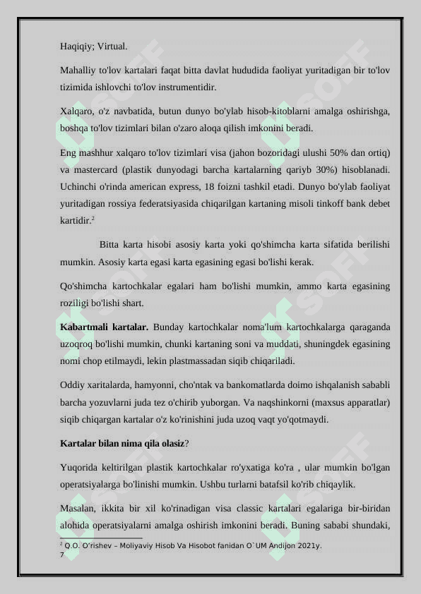 Bank kartalari bilan operatsiyalar va ularning hisobi 7