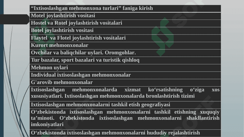 “IXTISOSLASHGAN MEHMONXONA TURLARI” FANIGA KIRISH 6