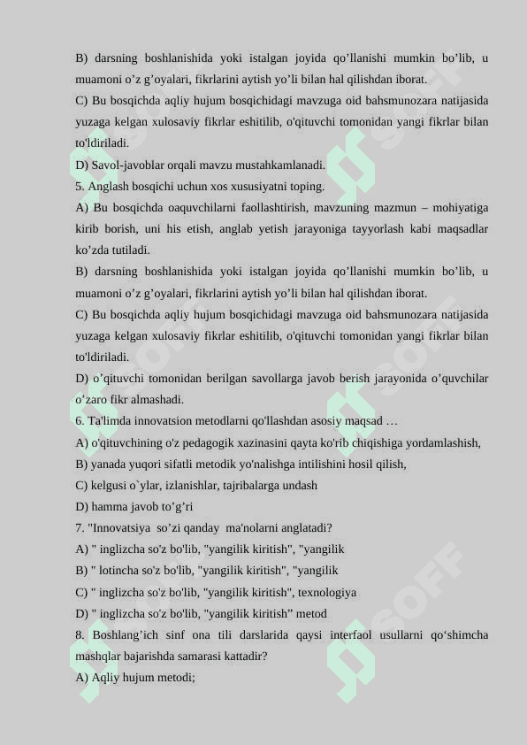 Ona tili va oʻqish savodxonligi darslarida qoʻllanadigan innovatsion pedagogik texnologiyalar test 2