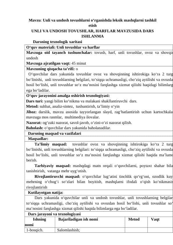 UNLI VA UNDOSH TOVUSHLAR, HARFLAR MAVZUSIDA DARS ISHLANMA 1