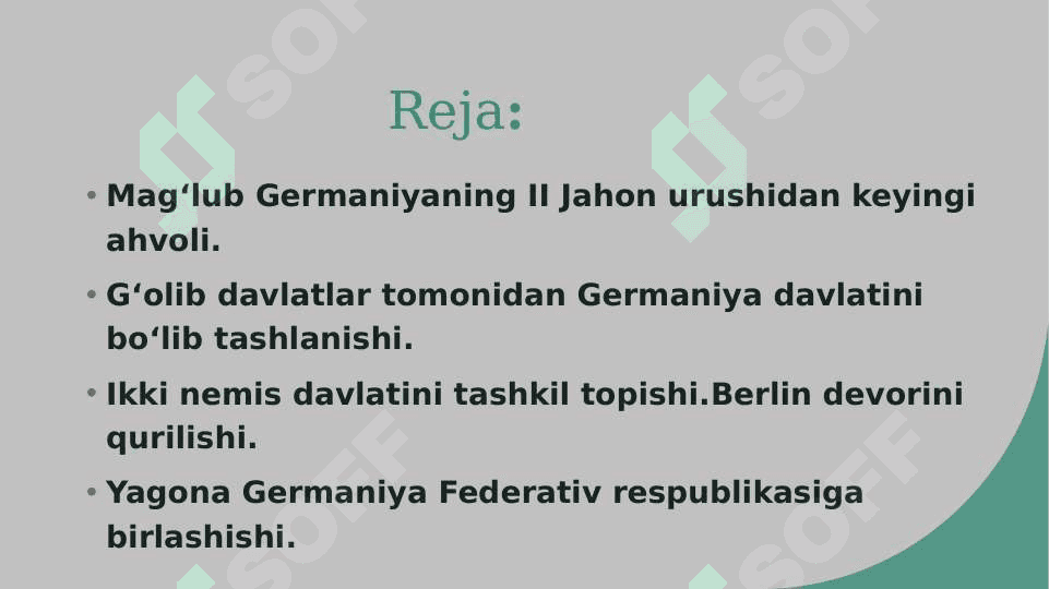 2-jahon urushidan keyin Germaniyada vujudga kelgan ijtimoiy –iqtisodiy, siyosiy vaziyatlar. 2