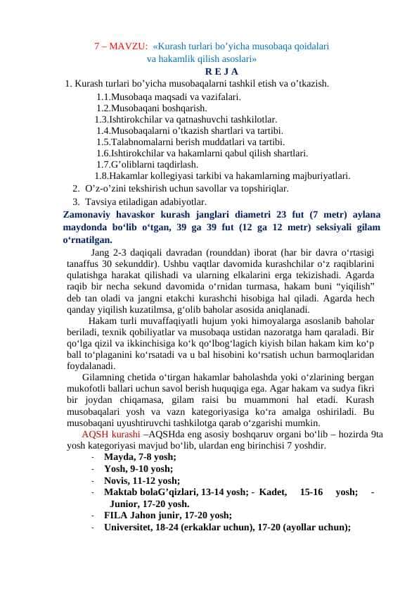 Kurash turlari bo’yicha musobaqa qoidalari va hakamlik qilish asoslari