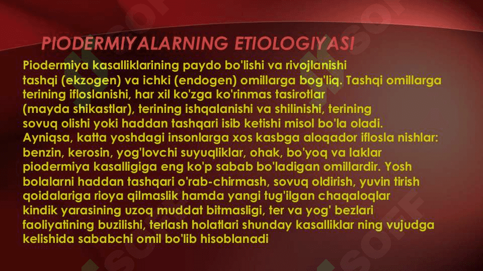 Terining yiringli kasalliklari.Etiologiyasi, patogenezi. Piodermiyalarni umumiy kechishi. Stafilodermiyalar, oddiy husnbuzar.Streptodermiyalar.Bolalarda uchraydigan stafilodermiyalar. Piodermiyalarni davolash. 2