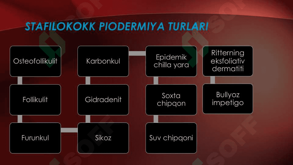 Terining yiringli kasalliklari.Etiologiyasi, patogenezi. Piodermiyalarni umumiy kechishi. Stafilodermiyalar, oddiy husnbuzar.Streptodermiyalar.Bolalarda uchraydigan stafilodermiyalar. Piodermiyalarni davolash. 7