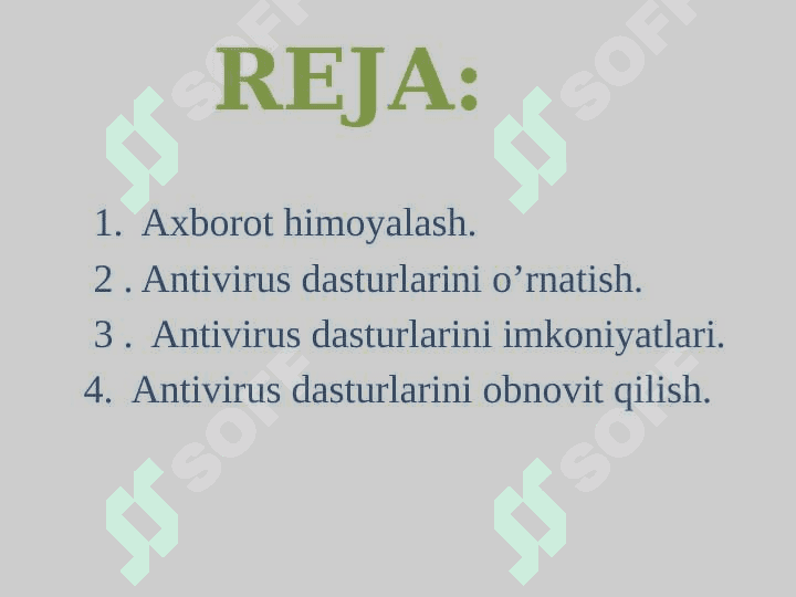Axborotni himoyalash. Antivirus dasturlari va ularni o’rnatish. Antivirus dasturining imkoniyatlari va ularni obnavit qilish 2