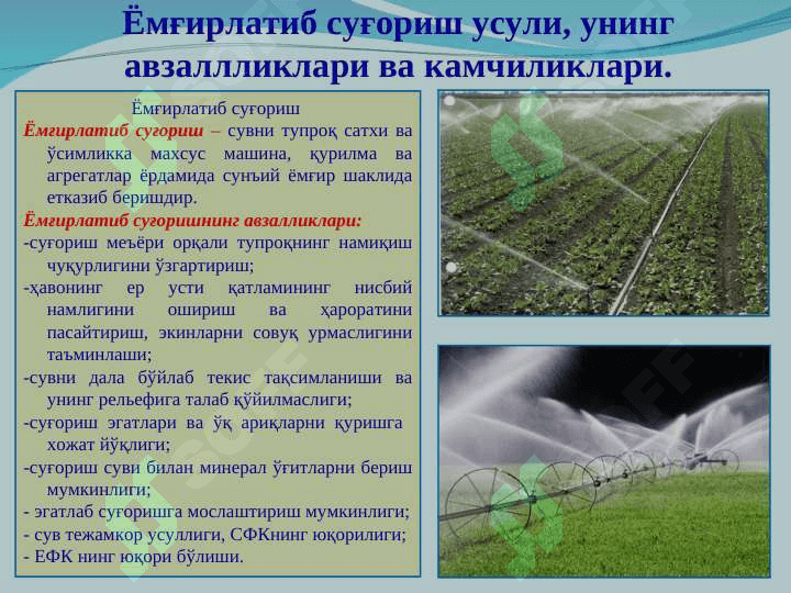 Ёмғирлатиб суғориш усули, турлари ва тизимлари 3