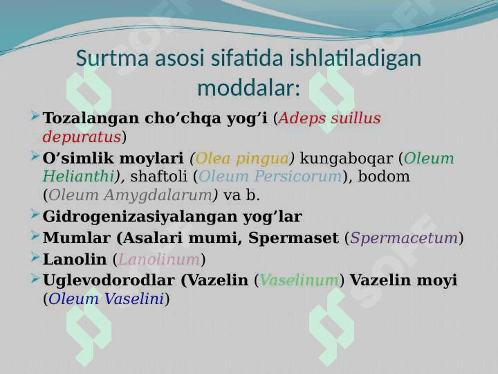 Yumshoq dori shakllari . Sirtga qo`llash uchun dori vositalari 4
