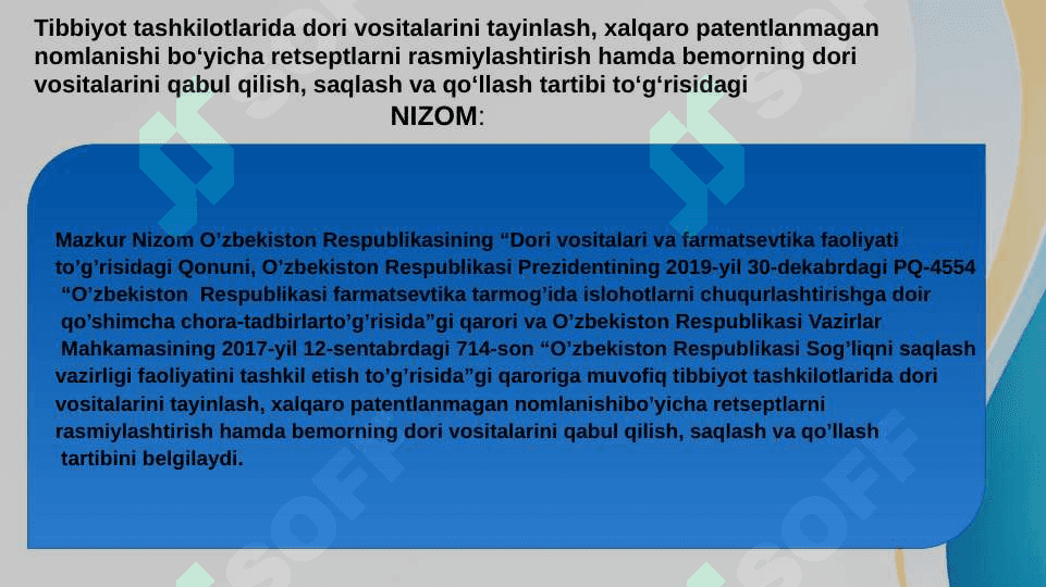 O’ZBEKISTON RESPUBLIKASI PREZIDENTINING RETSEPTURAGA ASOSLANGAN QONUN VA FARMOYISHLARI . Umumiy retseptura va retsep turlari . Retseplar 2
