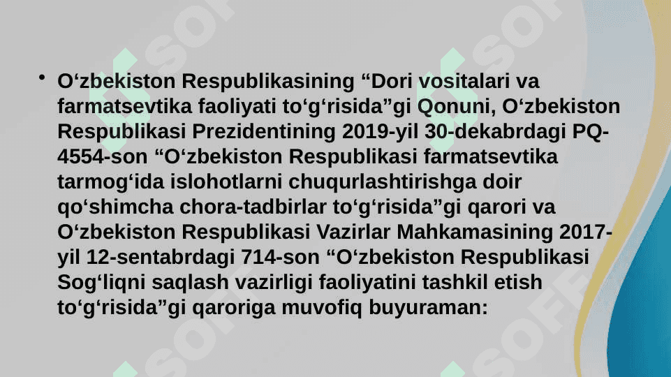O’ZBEKISTON RESPUBLIKASI PREZIDENTINING RETSEPTURAGA ASOSLANGAN QONUN VA FARMOYISHLARI . Umumiy retseptura va retsep turlari . Retseplar 3