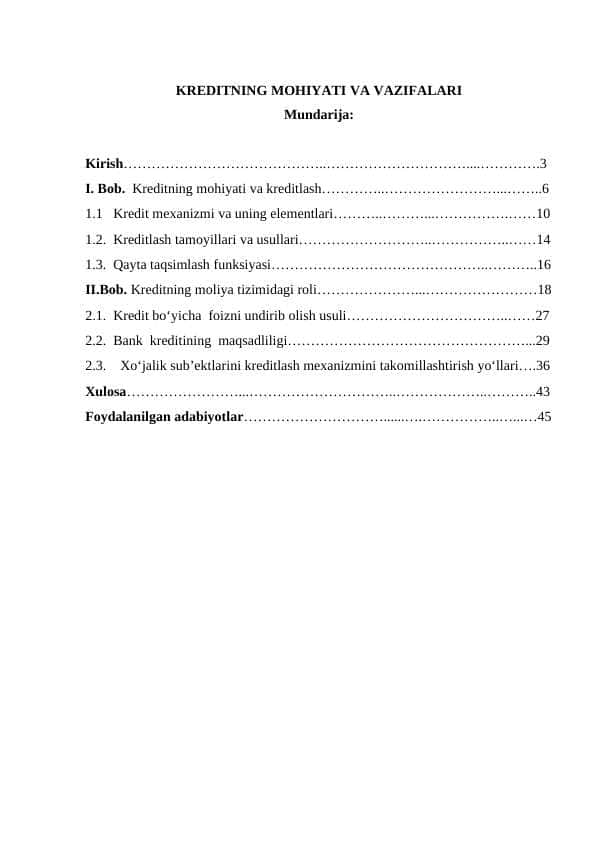 KREDITNING MOHIYATI VA VAZIFALARI