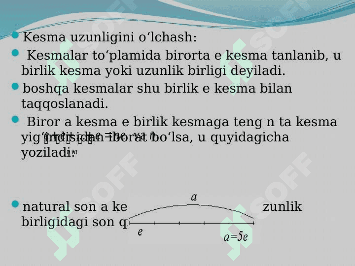 Natural son miqdorlarni o`lchash natijasi sifatida. Natural son kеsma o`lchami sifatida. Kеsmalarning o’lchami sifatida qaralgan sonlar ustidagi arifmеtik amallarning ta'rifi. 3