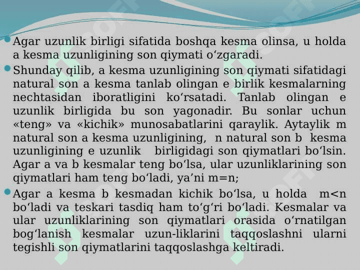 Natural son miqdorlarni o`lchash natijasi sifatida. Natural son kеsma o`lchami sifatida. Kеsmalarning o’lchami sifatida qaralgan sonlar ustidagi arifmеtik amallarning ta'rifi. 4