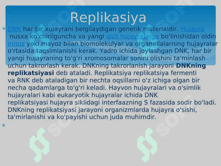 Replikasiyaning turlari. Replikasiya jarayoning o’tishi uchun shart bo’lgan sharoitlar 5