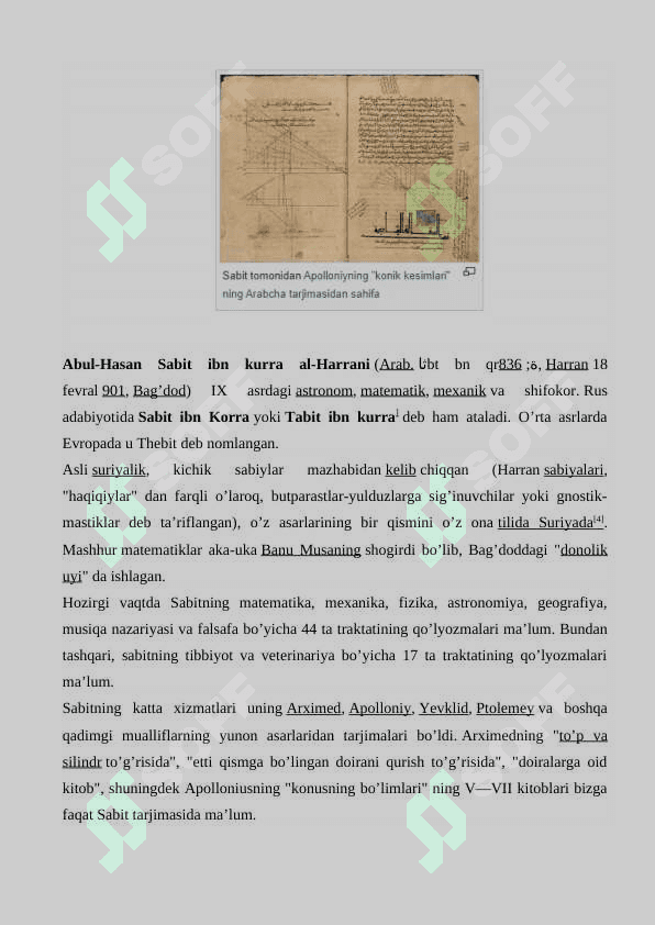 Sobit ibn Qurra yaratgan tarjimalar roʻyxatini tuzish va ularni fanlar kesimida klassifikasiya qilish 2