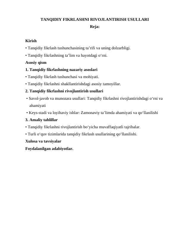 TANQIDIY FIKRLASHNI RIVOJLANTIRISH USULLARI 1