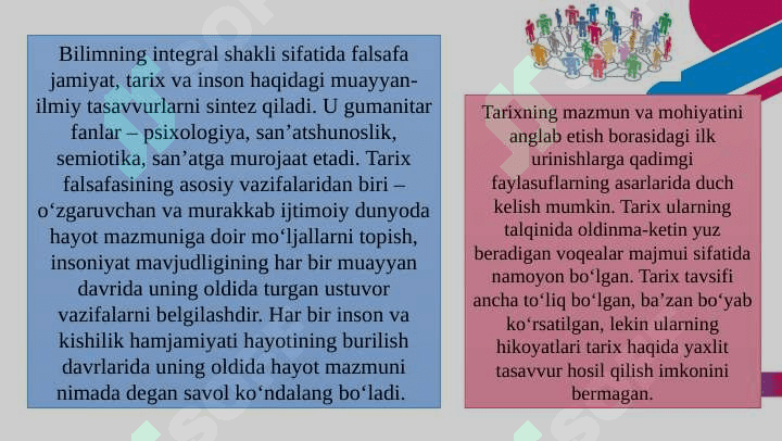 JAMIYAT TARAQQIYOTIDA TARIXNING MAZMUNI,YOʻNALISHLARI VA KONSEPSIYALARI 3
