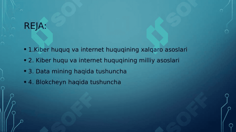 Kiber huquq va internet huquqining xalqaro va milliy miqyosda shakllanish asoslari “Blokcheyn” va “Data mining” haqida tushuncha 2