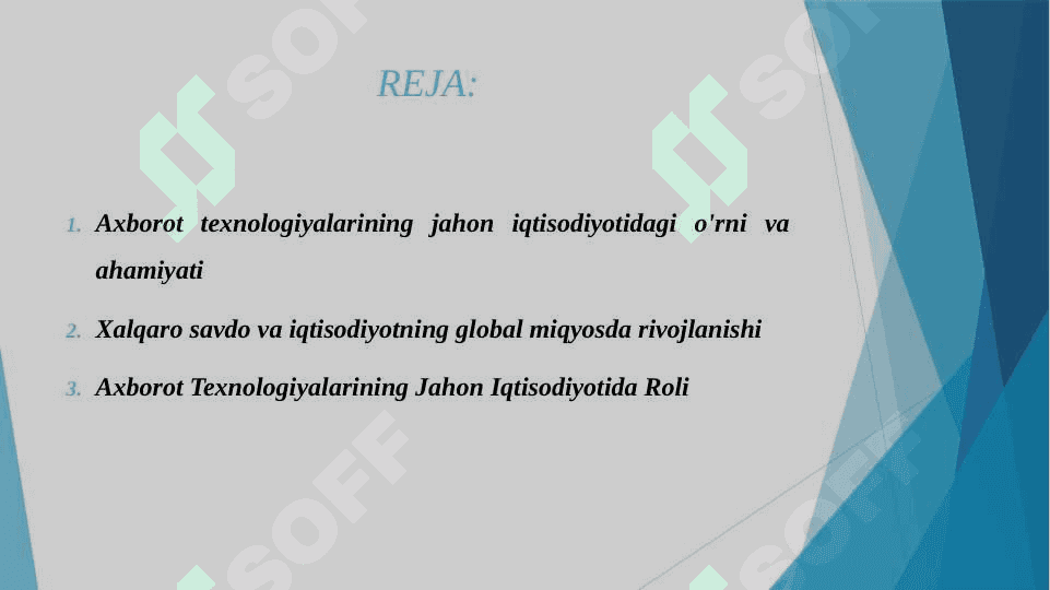 AXBOROT TEXNOLOGIYALARI VA JAXON IQTISODIYOTI JAXON IQTISODIYOTIDA AXBOROT TEXNOLOGIYALARI. AXBOROT TEXNOLOGIYALARI ORQALI XALQARO SAVDONI TAKOMILLASHTIRISH 2