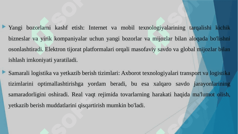 AXBOROT TEXNOLOGIYALARI VA JAXON IQTISODIYOTI JAXON IQTISODIYOTIDA AXBOROT TEXNOLOGIYALARI. AXBOROT TEXNOLOGIYALARI ORQALI XALQARO SAVDONI TAKOMILLASHTIRISH 8