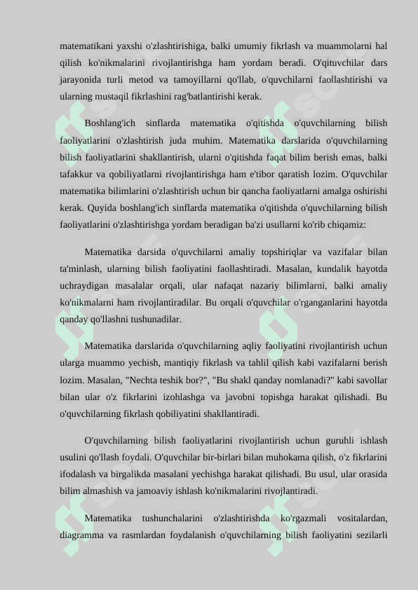 Boshlang`ich sinflarda matematika o`qitishda o`quvchilarning bilish faoliyatlarini rivojlantirish 6