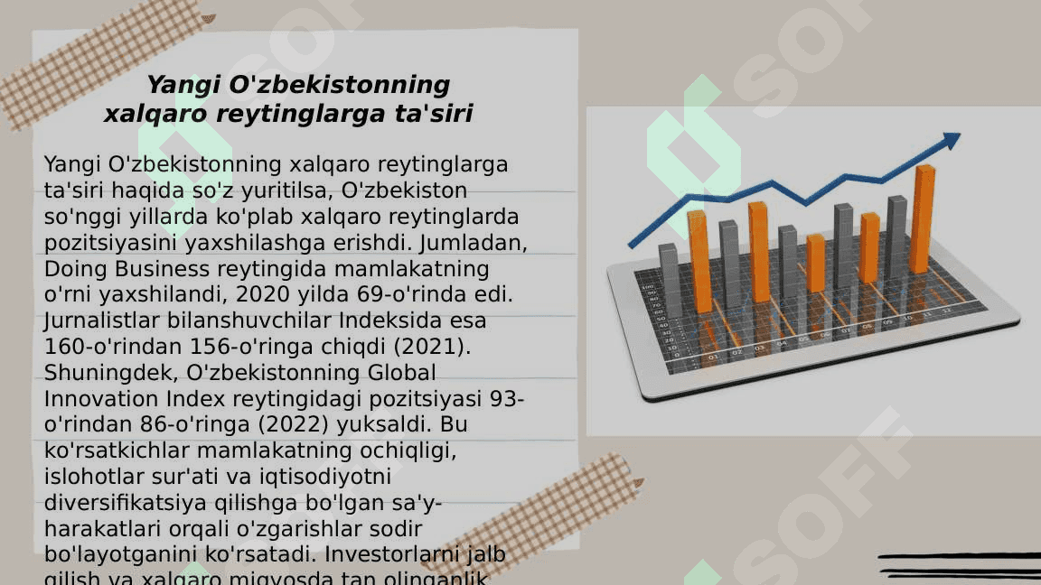 Yangi O‘zbekiston ijtimoiy-siyosiy, iqtisodiy va madaniy hayotida ro‘y berayotgan o‘zgarishlarning xalqaro reyting va indekslarda aks etishi. 2
