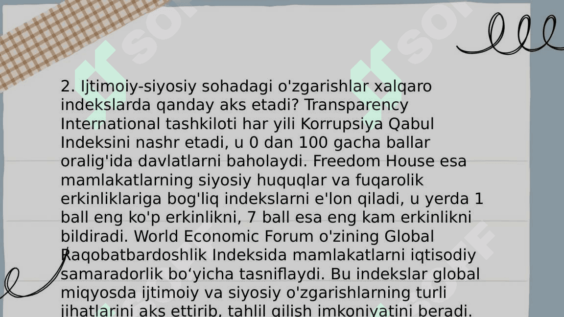 Yangi O‘zbekiston ijtimoiy-siyosiy, iqtisodiy va madaniy hayotida ro‘y berayotgan o‘zgarishlarning xalqaro reyting va indekslarda aks etishi. 3