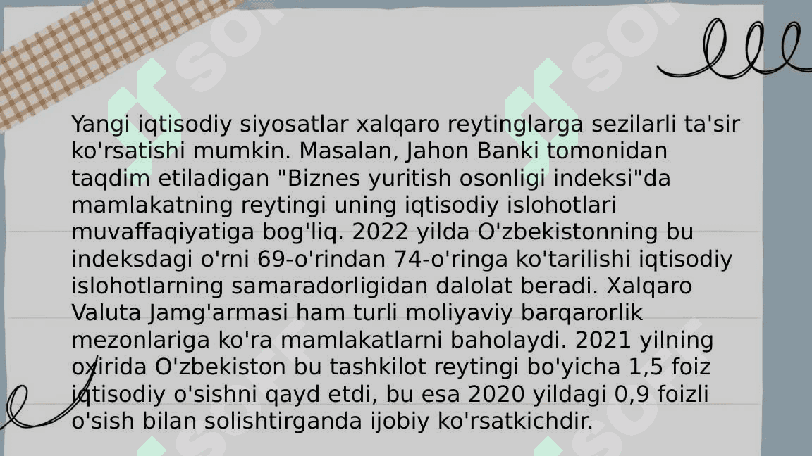 Yangi O‘zbekiston ijtimoiy-siyosiy, iqtisodiy va madaniy hayotida ro‘y berayotgan o‘zgarishlarning xalqaro reyting va indekslarda aks etishi. 4