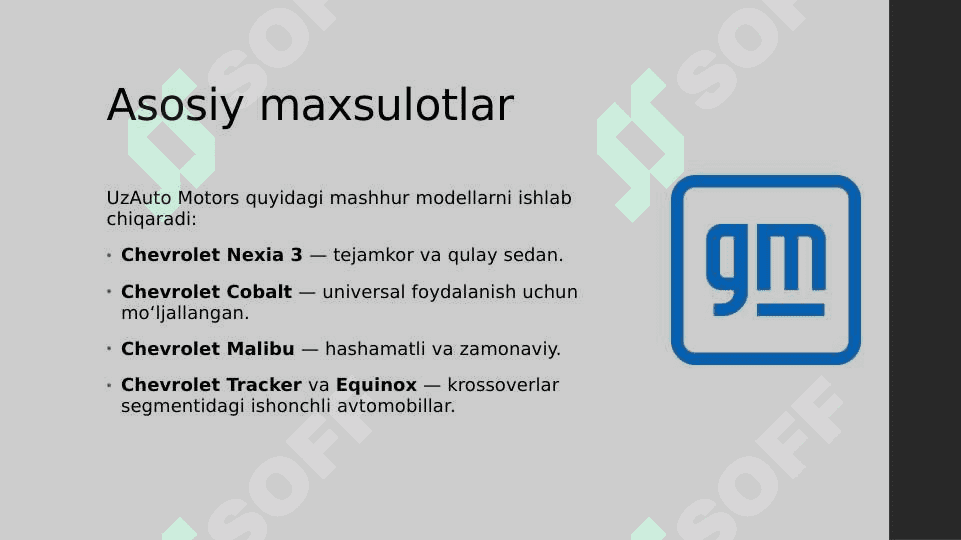 UzAuto Motors avtomashinalari mavzusida slayd 3