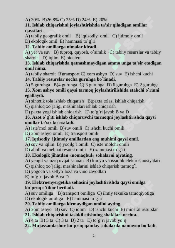 geografiya iqtisodiy test javobi bilan 2
