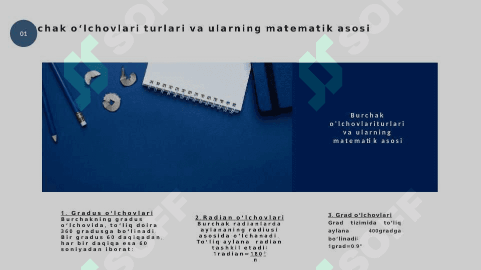 Burchak òlchovlari turlarini òrganish va har bir òlchov turining qòllanilish sohasini aniqlash,òlchovlar bòyicha taklif berish mavzusida slayd 4