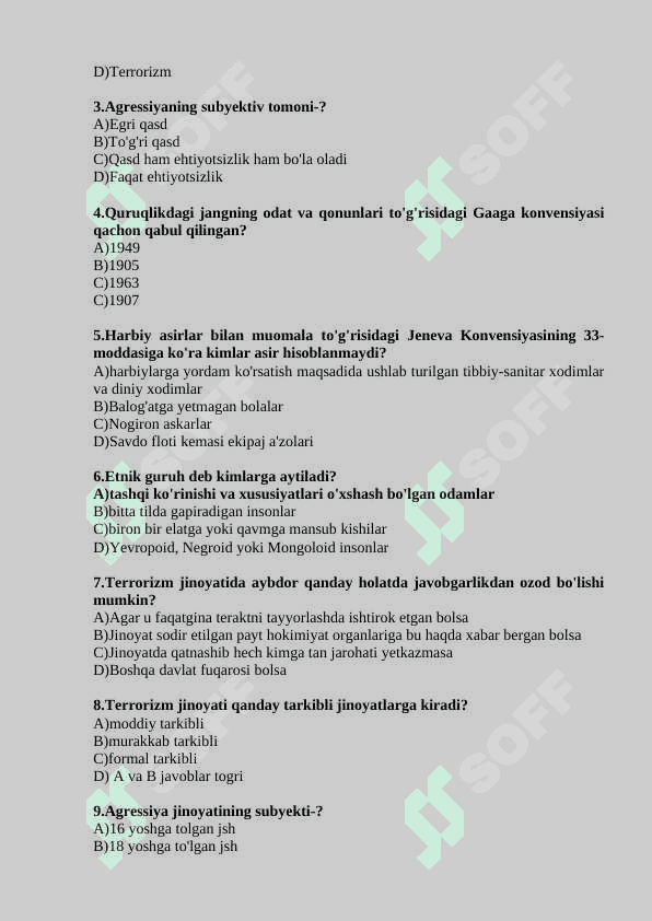 Jinoyat huquqi fanidan aralash testlar 3
