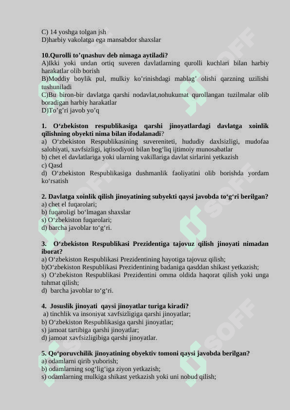 Jinoyat huquqi fanidan aralash testlar 4