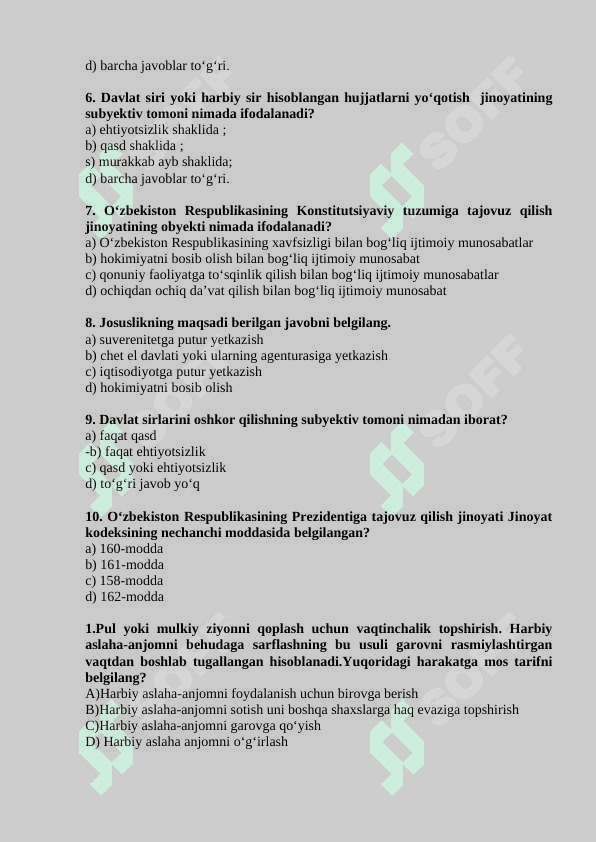 Jinoyat huquqi fanidan aralash testlar 5